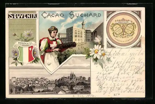 Lithographie Neuchatel, Teilansicht, Ortspartie mit Frau, Reklame für Cacao Suchard