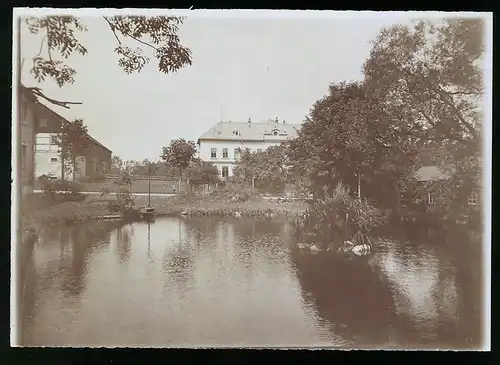 Fotografie Brück & Sohn Meissen, Ansicht Burkersdorf b. Frauenstein, Blick über den Teich in den Ort