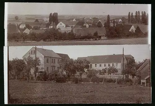 Fotografie Brück & Sohn Meissen, Ansicht Neuseusslitz, Panoramaansicht des Ortes und Blick in den Ort, Fotomontage