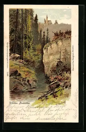 Lithographie Andechs, Partie am Bach mit Kloster Andechs