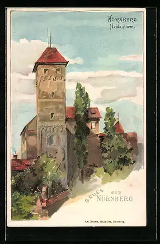 Lithographie Nürnberg, Gruss mit dem Heidenturm