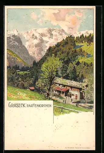 Lithographie Partenkirchen, Forsthaus Graseck vor idyllischem Panorama