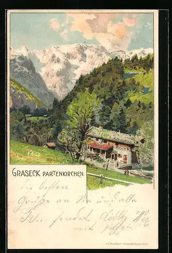 Lithographie Partenkirchen, Forsthaus Graseck vor idyllischem Panorama