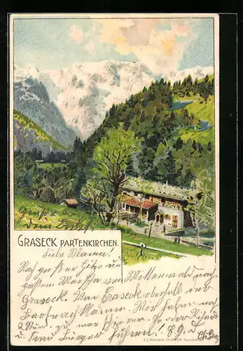 Lithographie Partenkirchen, Forsthaus Graseck vor Bergpanorama