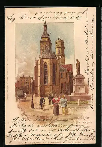 Lithographie Stuttgart, Stadtkirche und Schillerdenkmal