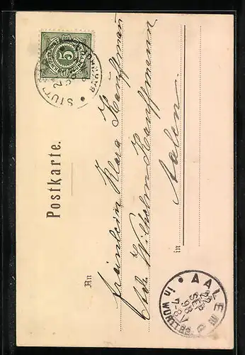 Lithographie Stuttgart, Stadtkirche und Schillerdenkmal