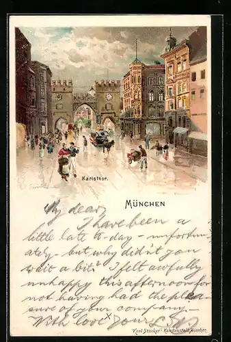 Lithographie München, Passanten am Regentag vor dem Karlsthor