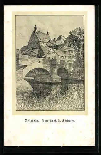 Künstler-AK Besigheim, Flusspartie mit Brücke und Häusern