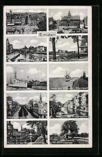 AK Emden, Rathaus mit Delft, Kreuzer Emden, Hindenburgstrasse