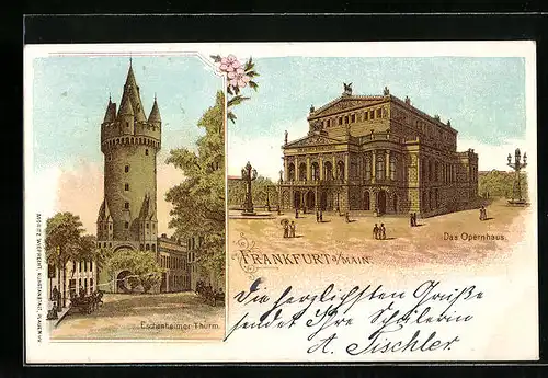 Lithographie Frankfurt a. M., Eschenheimer Turm, Opernhaus