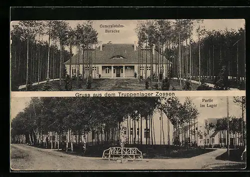 AK Zossen, Truppenlager mit Generals-Baracke und Lagerpartie