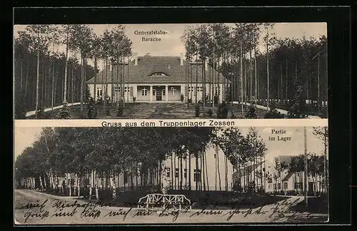 AK Zossen, Truppenlager mit Generals-Baracke und Lagerpartie
