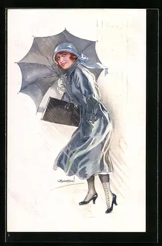 Künstler-AK Luis Usabal: Dame im Trenchcoat mit Schirm