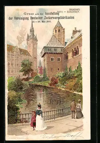 Künstler-AK Carl Schmidt: Braunschweig, Partie am Burggraben, Ausstellung Vereinigung Deutscher Zuckerwarenfabrikanten