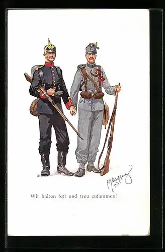 Künstler-AK Fritz Schönpflug: Wir halten fest und treu zusammen!, Zweibundsoldaten