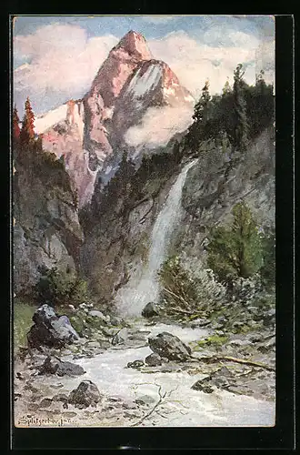Künstler-AK August Splitgerber: Wasserfall mit Berg im Hintergrund