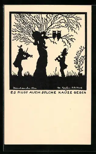 Künstler-AK Marta Sachse-Schubert: Es muss auch solche Käuze geben, Schattenbild Eulen auf einem Baum und Musikanten