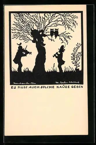 Künstler-AK Marta Sachse-Schubert: Es muss auch solche Käuze geben, Schattenbild Eulen auf einem Baum und Musikanten