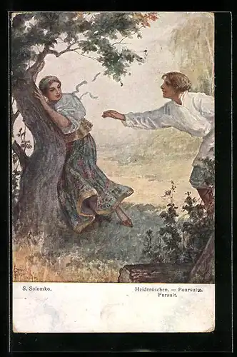 Künstler-AK S. Solomko: Junger Mann greift nach der Frau, Poursuite, Heideröschen