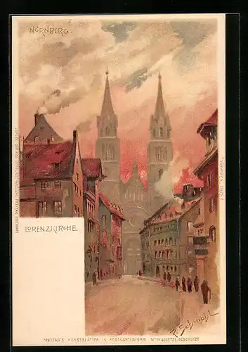 Künstler-AK P. Schmohl: Nürnberg, Lorenzkirche zur Dämmerung