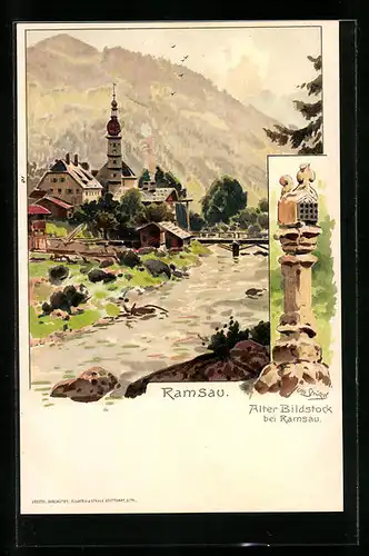 Künstler-AK Otto Strützel: Ramsau, Teilansicht, Alter Bildstock