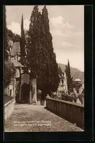 AK Morcote, Kirche und Friedhof mit Zypressen
