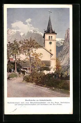 AK Grindelwald, Dorfkirche im Sonnenschein