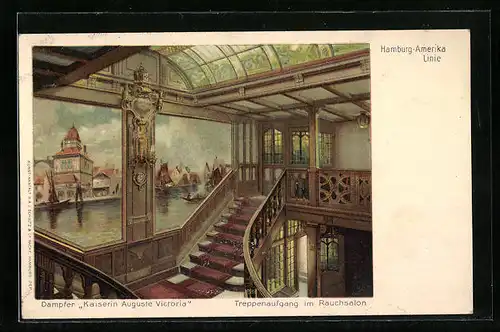 AK Dampfer Kaiserin Auguste Victoria der Hamburg-Amerika-Linie, Treppenaufgang im Rauchsalon