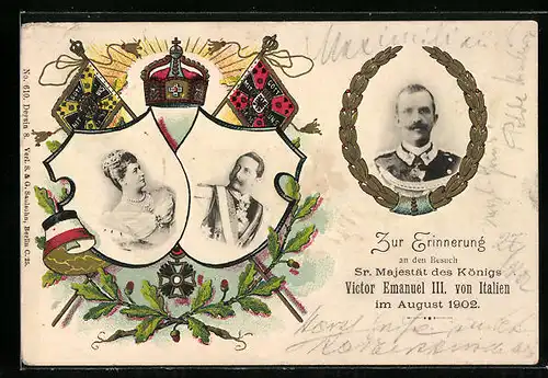 AK Anlasskarte Besuch Victor Emanuel III. von Italien 1902, Portraits Kaiser Wilhelm II. und Gattin