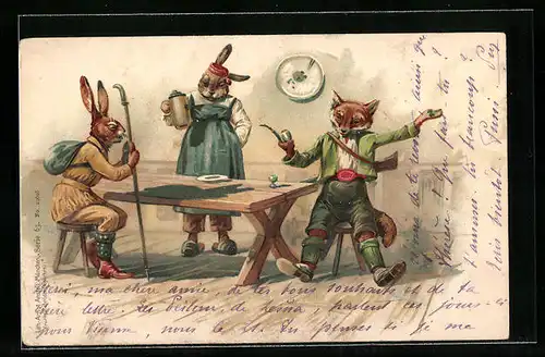 AK Hasen und Fuchs in Menschenkleidung beim Treffen im Wirtshaus