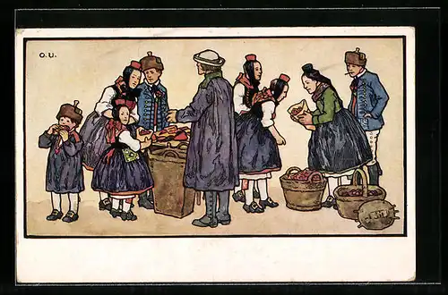 Künstler-AK Otto Ubbelohde: Schwalm, Hessische Tracht auf dem Schwälmer Markt