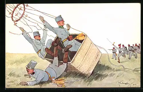 Künstler-AK Fritz Schönpflug: Soldaten werden bei der Landung mit ihrem Ballon beschossen