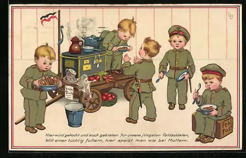 Künstler-AK Lia Döring: Kleine Soldaten spielen in der Feldküche