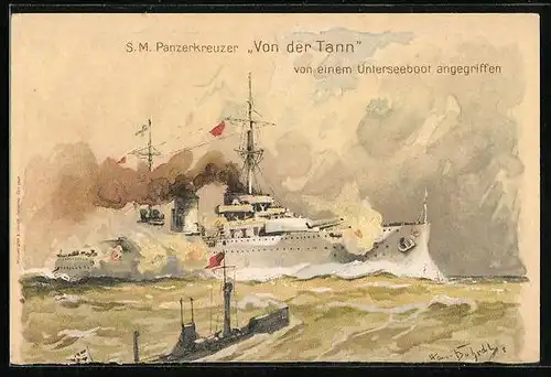 Künstler-AK Hans Bohrdt: Panzerkreuzer Von der Tann von einem U-Boot angegriffen