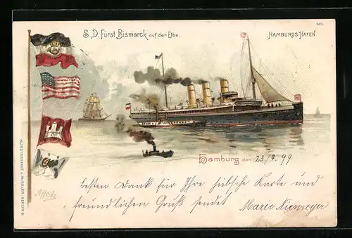 Künstler-AK A. Heide: Hamburg, S.D. Fürst Bismarck auf der Elbe, Fahnen
