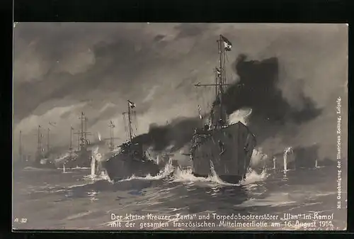 Künstler-AK Harry Heusser: Kreuzer Zenta und Torpedobootzerstörer Ulan 1914 im Kampf