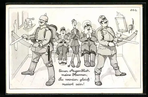 Künstler-AK P. O. Engelhard (P.O.E.): Einen Augenblick meine Herren, Sie werden gleich rasiert