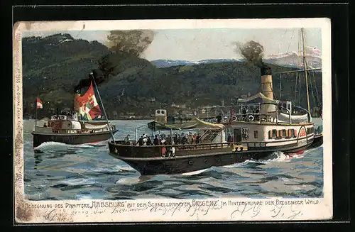 Künstler-AK Zeno Diemer: Dampfer Habsburg, Schnelldampfer Bregenz, Im Hintergrunde der Bregenzer Wald