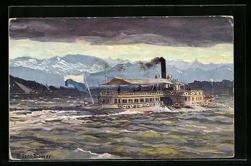 Künstler-AK Zeno Diemer: Starnberger See, Salon-Dampfer Starnberg bei Gewitter