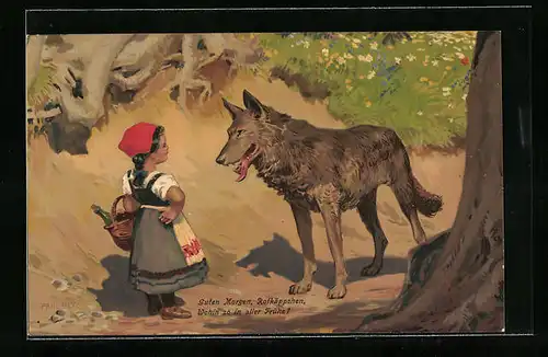 Künstler-AK Paul Hey: Rotkäppchen und der böse Wolf im Wald, Märchen der Gebrüder Grimm