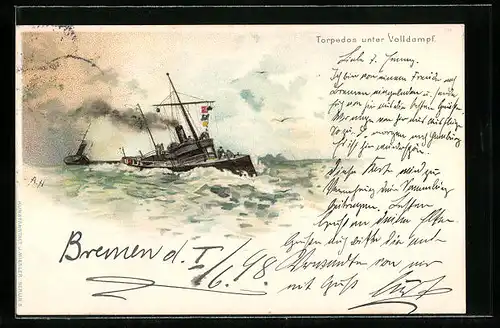 Künstler-AK A. Heide: Torpedos unter Volldampf, Kriegsschiff