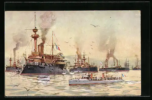 Künstler-AK Willy Stoewer unsign.: Französische Kriegsschiffe stechen in See