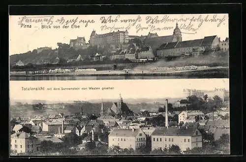 AK Pirna /Elbe, Blick von der Elbe, Totalansicht mit dem Sonnenstein von Westen