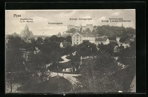 AK Pirna /Elbe, Teilansicht mit Stadtkirche, Friedenspark, Amtsgericht und Sonnenstein