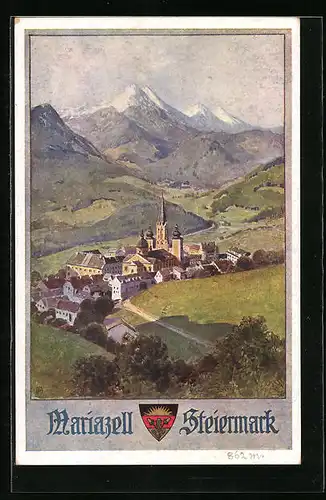 AK Deutscher Schulverein Nr. 552: Mariazell, Ortsansicht gegen Alpen