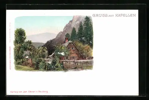 AK Kapellen, Romantisches Blockhaus mit Bergpanorama