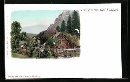 AK Kapellen, Romantisches Blockhaus mit Bergpanorama