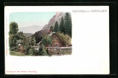 AK Kapellen, Romantisches Blockhaus mit Bergpanorama