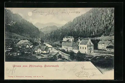 Mondschein-AK Mürzsteg, Gruss mit der Mürz und Kirche
