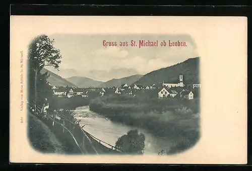 AK St. Michael ob Leoben, Flusspartie mit Sicht auf den Ort